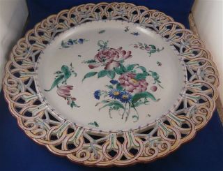Antique Large 19thc St.  Clement Faience Reticulated Charger Plate Fayenze Teller