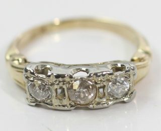 Antique 14k Two Tone Gold With 1/3 Carat Three Mine Cut Diamonds Ring Size 1.  75