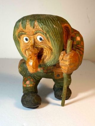 Anton Sveen Signed Wooden Troll Hand Carved W/ Walking Stick 7.  5 " Tall Norwegian