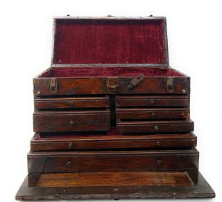 Antique 7 Drawer Vintage Machinist Wood Wooden Oak Tool Box & Mirror Jewelry Etc