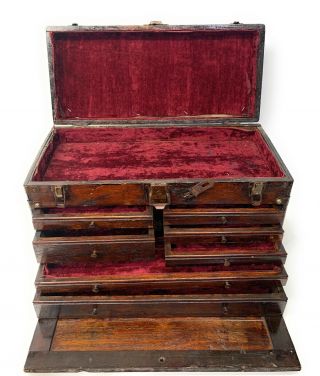 Antique 7 Drawer Vintage Machinist Wood Wooden Oak Tool Box & Mirror Jewelry etc 2