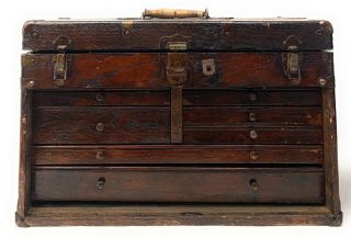 Antique 7 Drawer Vintage Machinist Wood Wooden Oak Tool Box & Mirror Jewelry etc 5