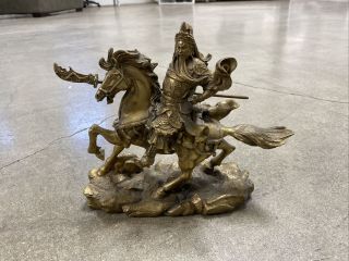 10 " Chinese Ancient Bronze Guangong Guan Gong Yu Warrior Riding Horse Statue