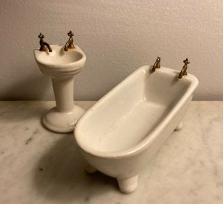 Vintage Dollhouse Miniature Porcelain Bath Tub And Sink W.  Brass Metal Faucets