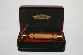 Vintage Early Gillette Gold Tone Brass Safety Razor W/ Storage Case