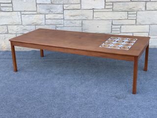 Mid Century Danish Modern Brutalist Teak & Tile Coffee Table - 64” X 28”