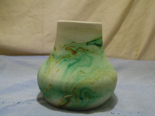 Nemadji Native Usa Art Pottery Green Multi - Color Swirl 5 " Bulbous Table Vase Vtg