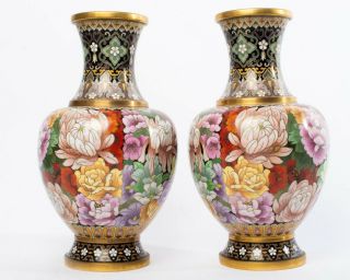 Mirrored 2 Antique Chinese Cloisonné Enamel & Brass Floral Vases 12.  25 "
