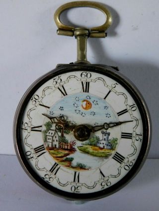 Antique Sampson Pair Case Solid Silver Verge Fusee Pocket Watch Painted Dial