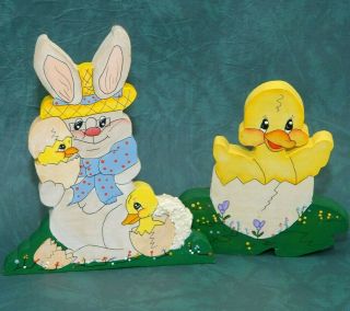 Easter Spring Decor Vintage Hand Painted Wooden Figure Bunny Chick Duck