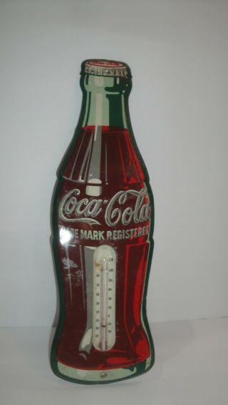 Vintage Coca - Cola Metal Bottle Sign With Thermometer