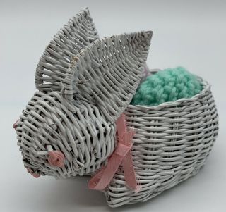 Vintage Miniature Wicker Bunny Basket W/ Grass & 2 Crocheted Eggs Pink Eyes Ears