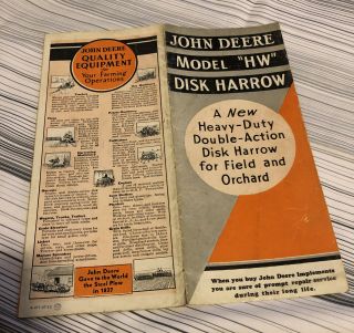 1937 John Deere Model “hw” Disk Harrow Sales Brochure Vtg