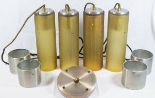 4 Vintage Mid Century Yellow Glass Chrome Tube Light Lamp Hanging Chandelier