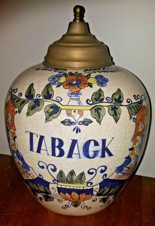 Large Antique Vintage Dutch Tobacco Jar With Polychrome Delftware Decoration