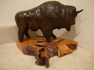 S2 Vintage Hand Carved Wooden Buffalo Bison Folk Art Signed M Nadjuian Sculpture