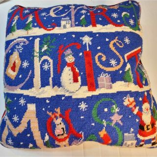 Vintage Needlepoint Christmas Pillow 16 X 16