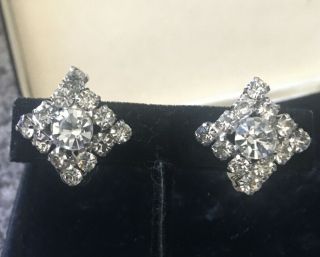 Vintage Prong Set Clear Rhinestone Diamond Shape Clip Earrings