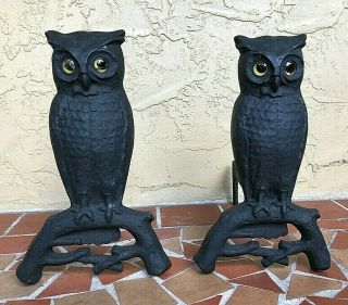Vtg Antique Cast Iron Owl Fireplace Andirons Log Holders Yellow/green Glass Eyes