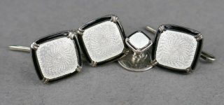 Antique Art Deco Sterling Silver Guilloche Enamel Tuxedo Button Stud Set