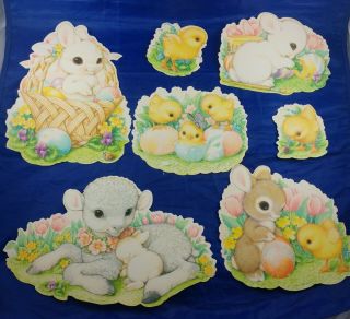 7 Vintage Hallmark Easter Diecut Cut Outs 1982 Bunny Rabbit Chicks 1 - Sided