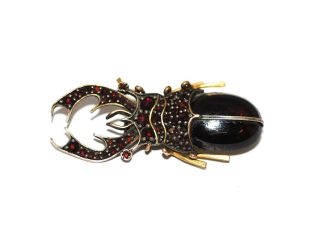 Antique Victorian Bohemian Garnet Stag Beetle Brooch Figural Bug Insect Tlc
