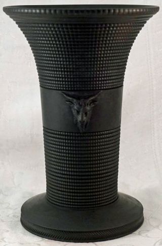 Antique Wedgwood Black Basalt Engine Turned Vase With Goat Faces