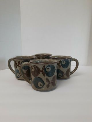 Vintage Sparce Mcm Set Of Four Ceramic Mid Century Mugs Fish Brown Blue Grey