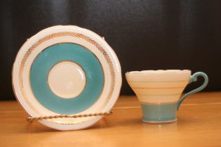 Vintage Aynsley Bone China Aqua Corset Tea Cup & Saucer With Stripes