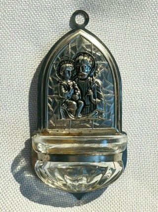 Vintage Religious Wall Holy Water Font Glass & Tin