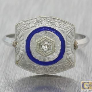 1920s Antique Art Deco Platinum Diamond Blue Enamel Wide Ring