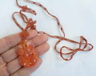 Vintage Chinese Hand Carved Flower Fruit Carnelian Agate Stone Pendant