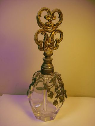 Vtg Antique Brass Gold Gilt Floral Filigree Ormolu Perfume Bottle / Glass Dauber