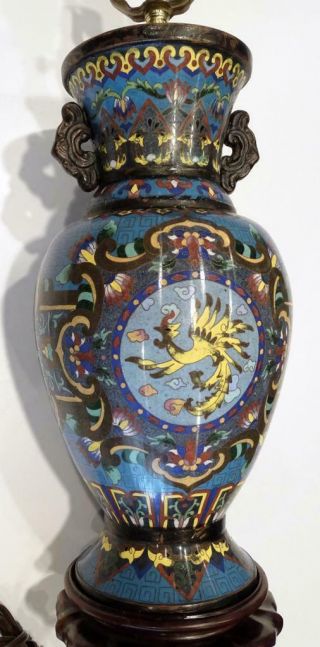 Antique Chinese Cloisonne Enamel 5 Toed Dragon & Phoenix Vase Lamp
