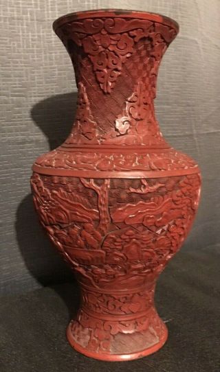 Exquisite Antique Vintage Large Chinese Red Lacquered? Cinnabar? Vase 12 1/2 "