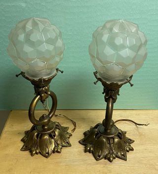 Pair Vintage Art Deco Brass Geometric Frost Glass Light Fixture Globe Sconces 2