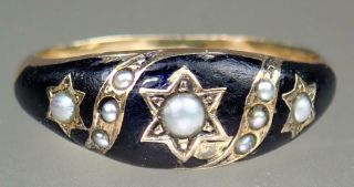 Antique Victorian 9k Gold Black Enamel Pearl Stars Mourning Ring Sz 7
