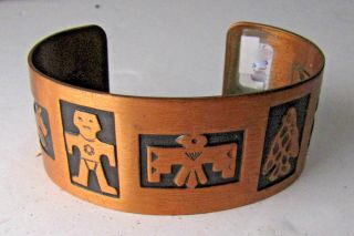Vintage Wide Solid Copper Pictograph Embossed Cuff Bracelet