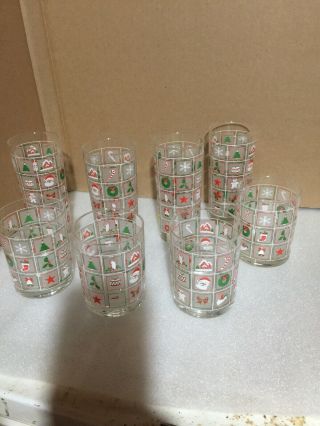 Vintage Set Of 8 Culver Christmas Old Fashioned Rocks And Tall Glasses