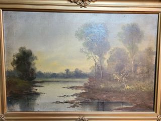 19thc Antique American Impressionist Landscape Oil Painting Gilded Gold Frame.