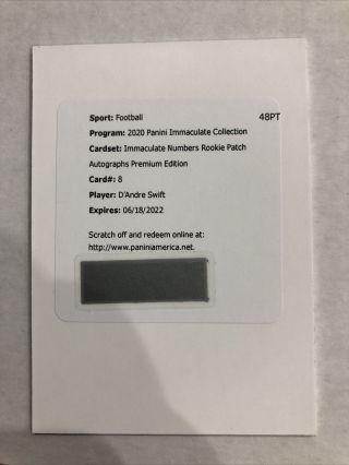 2020 Immaculate Fotl D’andre Swift Numbers Rookie Patch Auto Premium Rpa /14 Rc