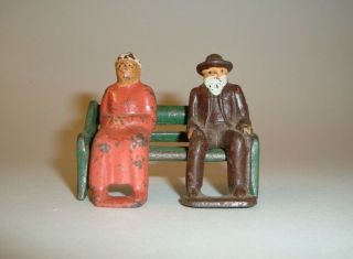 Vintage 1930 ' s Grey Iron Cast Iron Toy Figures Old Man & Woman on Bench 2