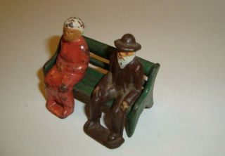 Vintage 1930 ' s Grey Iron Cast Iron Toy Figures Old Man & Woman on Bench 3