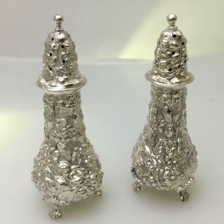 Antique Repousse Rose By Stieff Sterling Silver Salt & Pepper Shakers 12