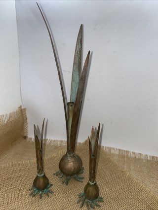 Vintage 3pc Set Patina Copper Brass Bronze Tulip Bulb Vase Trio 13 " T And 6 " T