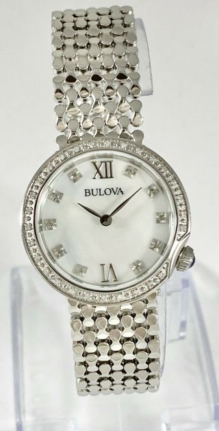 Ladies Bulova Diamond Mother Of Pearl Stainless Steel Bracelet Watch 96w206