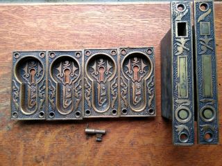 Antique Bronze " Arabic " Double Pocket Door Pulls & Locks C1885 Mallory Wheeler