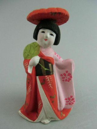 Japanese Kokeshi Doll Kimono Girl Figurine Red Pink Ceramic Vtg Ningyo Ok854