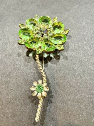 Vintage Juliana Flower Brooch Green Rhinestones Gold Tone Hardware