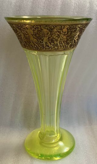 Antique Czech Moser Art Glass Vaseline Enamel Vase 8 1/4”